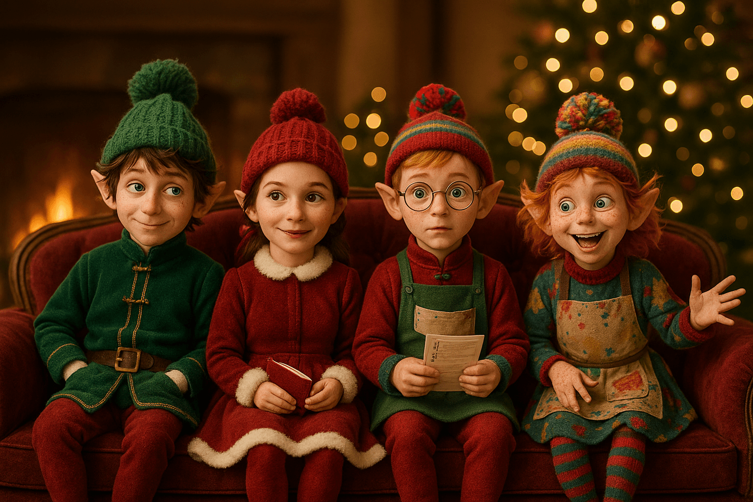 Les quatre lutins réunis sur le canapé de l'atelier